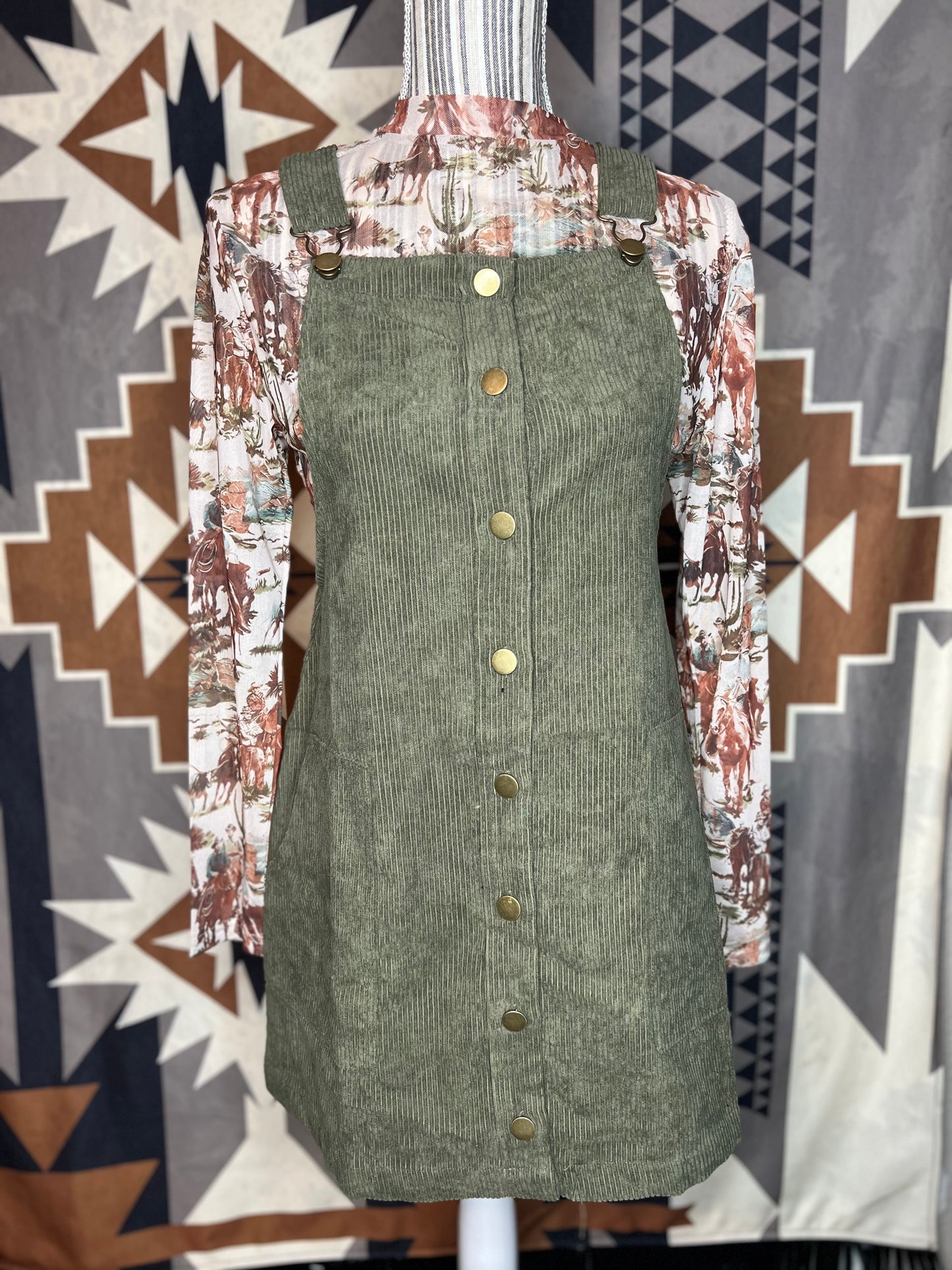 Olive Corduroy Overall Dress