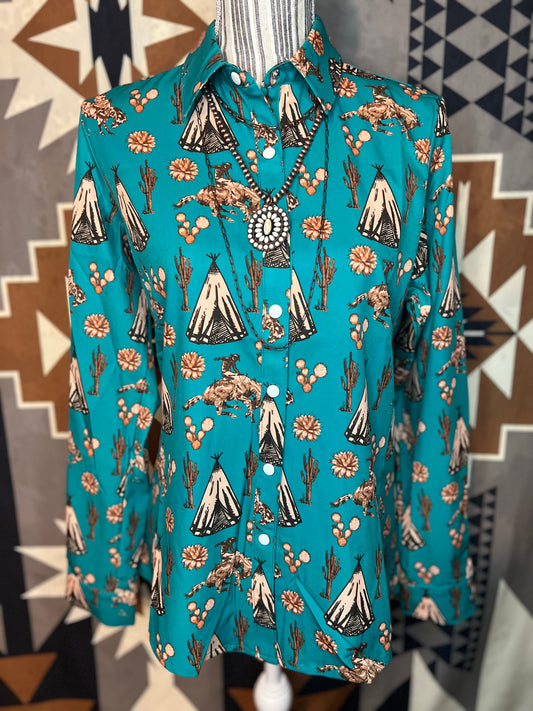 Turquoise Teepees Button Up